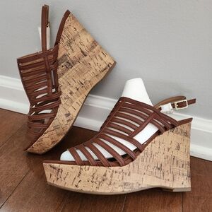 Brown Strappy Cork Wedge Sandals   Franco Sarto Wedge Size 9